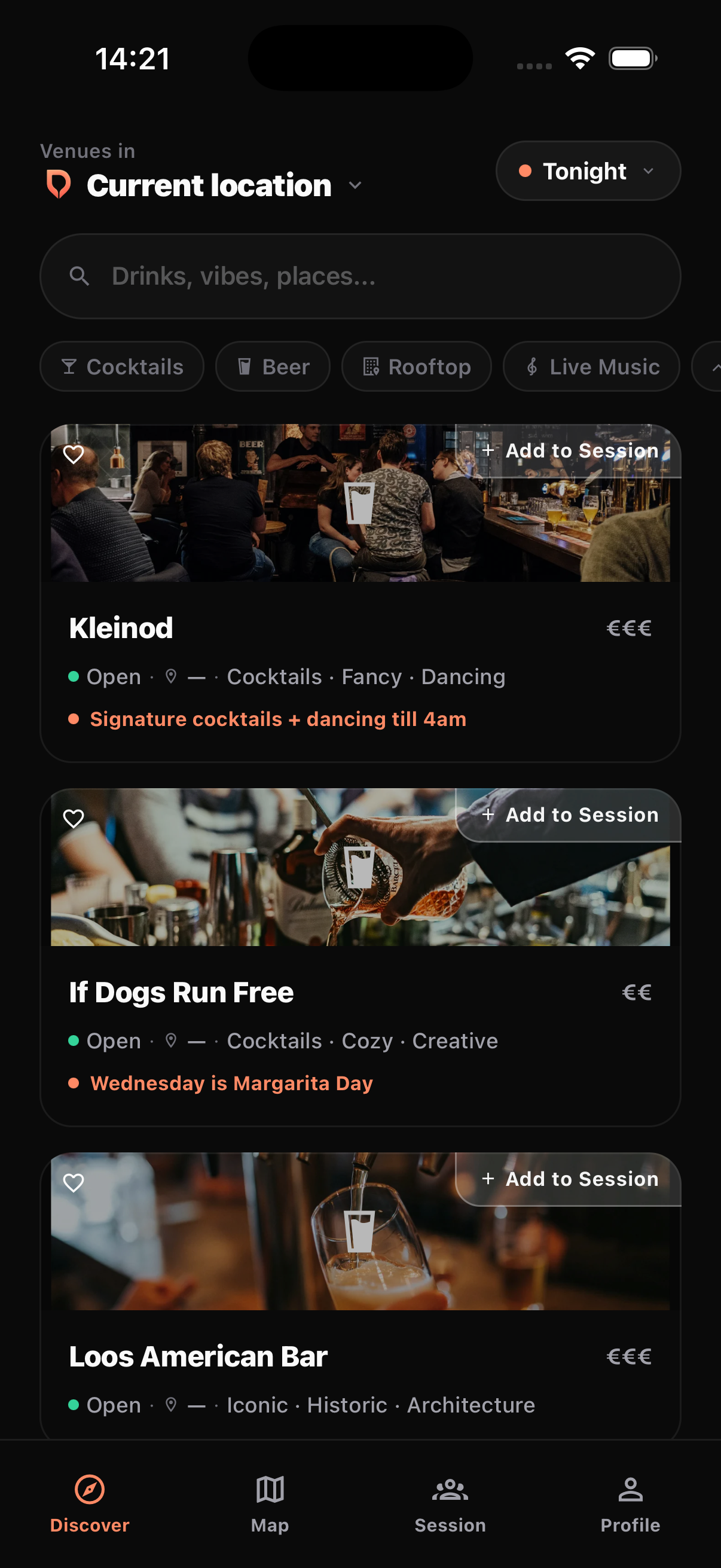 Drinkr App — Discover-Screen mit Bar-Vorschlaegen in Wien