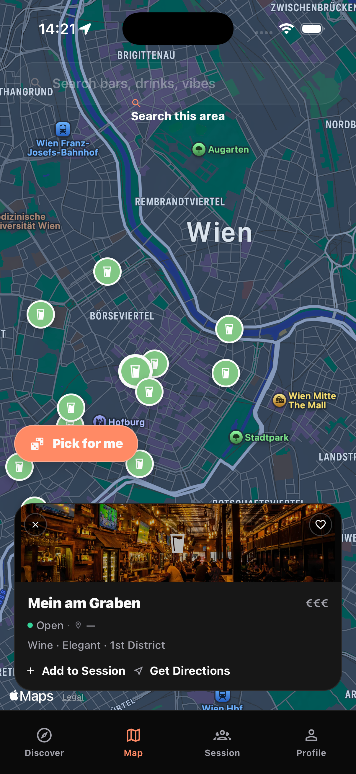 Karten-Screen mit Venues in Wien