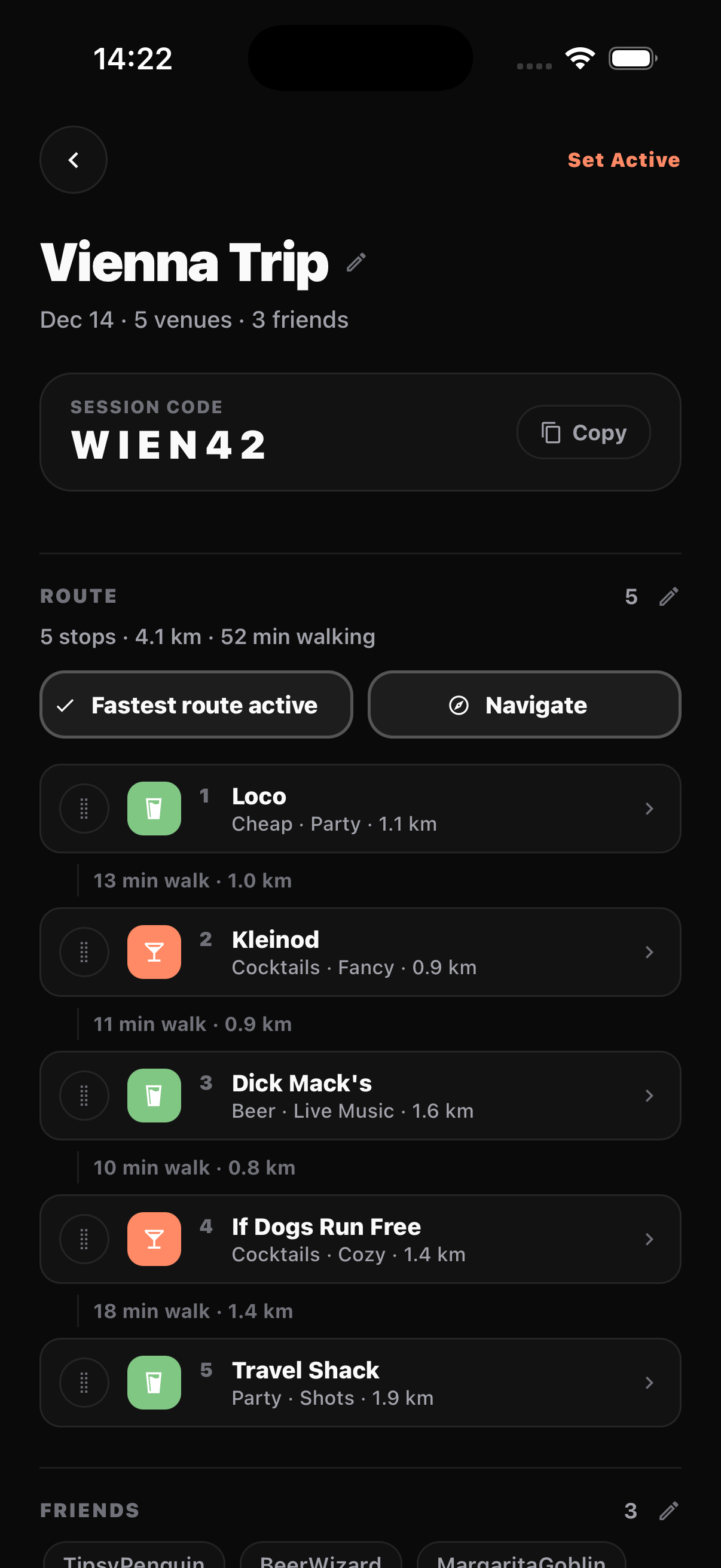 Session-Screen mit Route und Session-Code